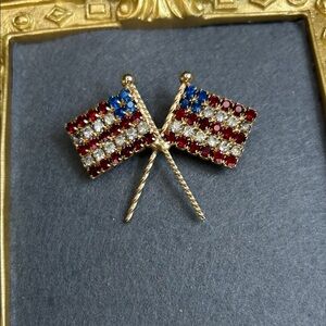 Hobe Vintage Gold American Flag Brooch with Red, White, and Blue Crystals